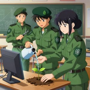 a team of 3 anime characters in forest green tactical jackets with black shoulder pads and silver insignia harvesting a literal monitor in a sunny classroom with desks and a chalkboard covered in diagrams. One character wears a forest green beret. One female character has a small silver hair clip shaped like a leaf. All characters wear matching green arm patches with a geometric compass logo. One applies fertilizer in careful doses around the root zone. One waters a young seedling by hand, checking soil moisture first. One prunes dead growth to encourage healthy new shoots. NO TEXT anywhere in this image — no speech bubbles, no word bubbles, no labels, no signs, no writing of any kind. Anime style, vibrant colors, clean composition, cinematic lighting.