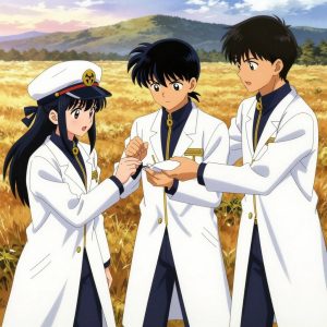 a team of 3 anime characters in white lab coats with navy blue collars and gold zipper accents demonstrating a literal kraken in an open field at golden hour with distant mountains and dry grass. One character wears a peaked captain's cap with a gold insignia. One female character has a navy ribbon tied in her hair. All characters wear small gold lapel badges. One reviews someone's work and gives specific, actionable feedback. One demonstrates a technique with patience, making sure the learner follows each step. One guides a student through a correction, offering encouragement. NO TEXT anywhere in this image — no speech bubbles, no word bubbles, no labels, no signs, no writing of any kind. Anime style, vibrant colors, clean composition, cinematic lighting.