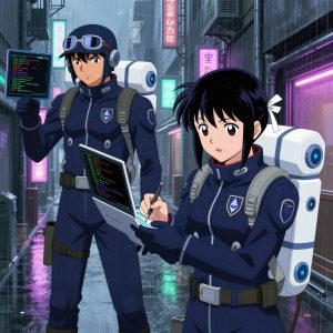 a team of 2 anime characters in dark indigo space suits with bright white life-support backpack modules programming a literal ethereum in a rain-soaked city alley with neon signs reflecting in puddles. All characters wear small mission patch emblems on their chest. One character wears a dark indigo flight cap. One female character has a white ribbon tied neatly in her hair. One writes and tests code, iterating based on what runs correctly. One boots up a cluster and monitors the training job's progress metrics. NO TEXT anywhere in this image — no speech bubbles, no word bubbles, no labels, no signs, no writing of any kind. Anime style, vibrant colors, clean composition, cinematic lighting.