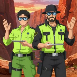 An anime scene showing 2 characters. 1. a male anime character with a broader, muscular build, short spiky hair, light stubble, wearing a neatly buttoned work shirt with epaulets and a zipped front, a utility belt with a small battery pack that connects to his eyeglasses, flat chest with no breasts 2. a male anime character with a stocky, strong build, short undercut hair, full beard, wearing a neatly buttoned work jacket with a full zip front and rolled sleeves, a utility belt with a small battery pack that connects to his eyeglasses, flat chest with no breasts All characters wear neon green and black hazardous disposal team with a me in 10 years aesthetic. Each character wears a small lapel pin showing the hexagon-diamond shape with a Y inside, blue and yellow logo. One character wears a fedora. One character faces the camera directly and shrugging β both shoulders raised with palms up, clearly visible, hands large and clearly visible in the foreground. The team is building a literal chatbot in a wide canyon with layered red rock walls glowing at sunset. One cuts material to exact measurements, double-checking against the plan. One sands a surface smooth before applying finish, feeling for imperfections. NO TEXT anywhere in this image β no speech bubbles, no word bubbles, no labels, no signs, no writing of any kind. Anime style, vibrant colors, clean composition, cinematic lighting.