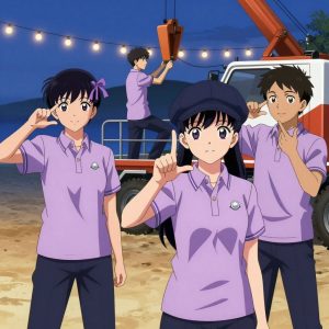 a team of 3 anime characters in soft lavender polos with dark slate pants and subtle striped collars using sign language a literal minnesota in a beachside boardwalk at twilight with string lights and warm sand. All characters wear small silver circle lapel pins. One female character has a lavender ribbon headband in her hair. One character wears a dark slate newsboy cap. One faces the camera and makes a clear ASL gesture — hand shapes, fingerspelling, or a recognizable sign — while the others continue their work nearby. One controls a crane or lift, moving materials with precision and care. One recalibrates the device to factory specifications step by step. NO TEXT anywhere in this image — no speech bubbles, no word bubbles, no labels, no signs, no writing of any kind. Anime style, vibrant colors, clean composition, cinematic lighting.