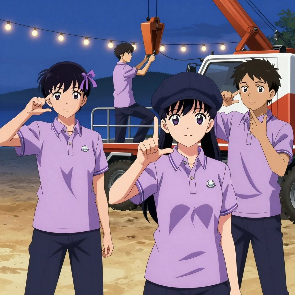 a team of 3 anime characters in soft lavender polos with dark slate pants and subtle striped collars using sign language a literal minnesota in a beachside boardwalk at twilight with string lights and warm sand. All characters wear small silver circle lapel pins. One female character has a lavender ribbon headband in her hair. One character wears a dark slate newsboy cap. One faces the camera and makes a clear ASL gesture — hand shapes, fingerspelling, or a recognizable sign — while the others continue their work nearby. One controls a crane or lift, moving materials with precision and care. One recalibrates the device to factory specifications step by step. NO TEXT anywhere in this image — no speech bubbles, no word bubbles, no labels, no signs, no writing of any kind. Anime style, vibrant colors, clean composition, cinematic lighting.