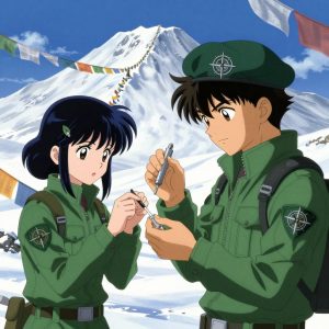 a team of 2 anime characters in forest green tactical jackets with black shoulder pads and silver insignia monitoring a literal memory in a snowy mountain peak with prayer flags waving in strong wind. One character wears a forest green beret. One female character has a small silver hair clip shaped like a leaf. All characters wear matching green arm patches with a geometric compass logo. One weighs or measures a sample, handling it carefully to avoid contamination. One verifies dimensions with a precision tool, comparing to the specification. NO TEXT anywhere in this image — no speech bubbles, no word bubbles, no labels, no signs, no writing of any kind. Anime style, vibrant colors, clean composition, cinematic lighting.