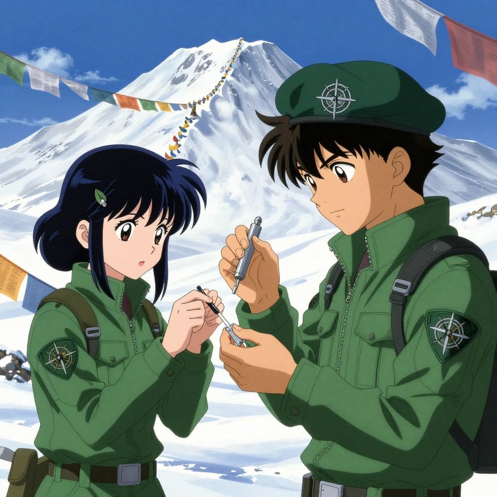 a team of 2 anime characters in forest green tactical jackets with black shoulder pads and silver insignia monitoring a literal memory in a snowy mountain peak with prayer flags waving in strong wind. One character wears a forest green beret. One female character has a small silver hair clip shaped like a leaf. All characters wear matching green arm patches with a geometric compass logo. One weighs or measures a sample, handling it carefully to avoid contamination. One verifies dimensions with a precision tool, comparing to the specification. NO TEXT anywhere in this image — no speech bubbles, no word bubbles, no labels, no signs, no writing of any kind. Anime style, vibrant colors, clean composition, cinematic lighting.