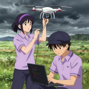 a team of 2 anime characters in soft lavender polos with dark slate pants and subtle striped collars debugging a literal drone in a wide prairie under a dramatic stormy sky. All characters wear small silver circle lapel pins. One female character has a lavender ribbon headband in her hair. One character wears a dark slate newsboy cap. One troubleshoots a flaky network connection, checking configs and physical links. One writes and tests code, iterating based on what runs correctly. NO TEXT anywhere in this image — no speech bubbles, no word bubbles, no labels, no signs, no writing of any kind. Anime style, vibrant colors, clean composition, cinematic lighting.