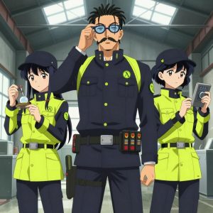An anime scene showing 3 characters. 1. a male anime character with a tall, rugged build, short dreadlock hair, thick mustache, wearing a neatly buttoned utility jacket with a mandarin collar and two chest pockets, a utility belt with a small battery pack that connects to his eyeglasses, flat chest with no breasts 2. a female anime character with a smaller build, cute face, no facial hair, long hair with a ribbon tied at the end 3. a female anime character with a slim build, delicate face, no facial hair, short wavy hair with a hair pin All characters wear charcoal and neon yellow scientific expedition team with a queen of hearts aesthetic. Each character wears a small lapel pin showing the lowercase lambda letter in a circle, green logo. One character wears a flat cap. The team is measuring a literal traditional in an industrial warehouse with natural light streaming through skylights. One verifies dimensions with a precision tool, comparing to the specification. One weighs or measures a sample, handling it carefully to avoid contamination. One monitors a readout while adjusting a dial, watching for the target value. NO TEXT anywhere in this image — no speech bubbles, no word bubbles, no labels, no signs, no writing of any kind. Anime style, vibrant colors, clean composition, cinematic lighting.