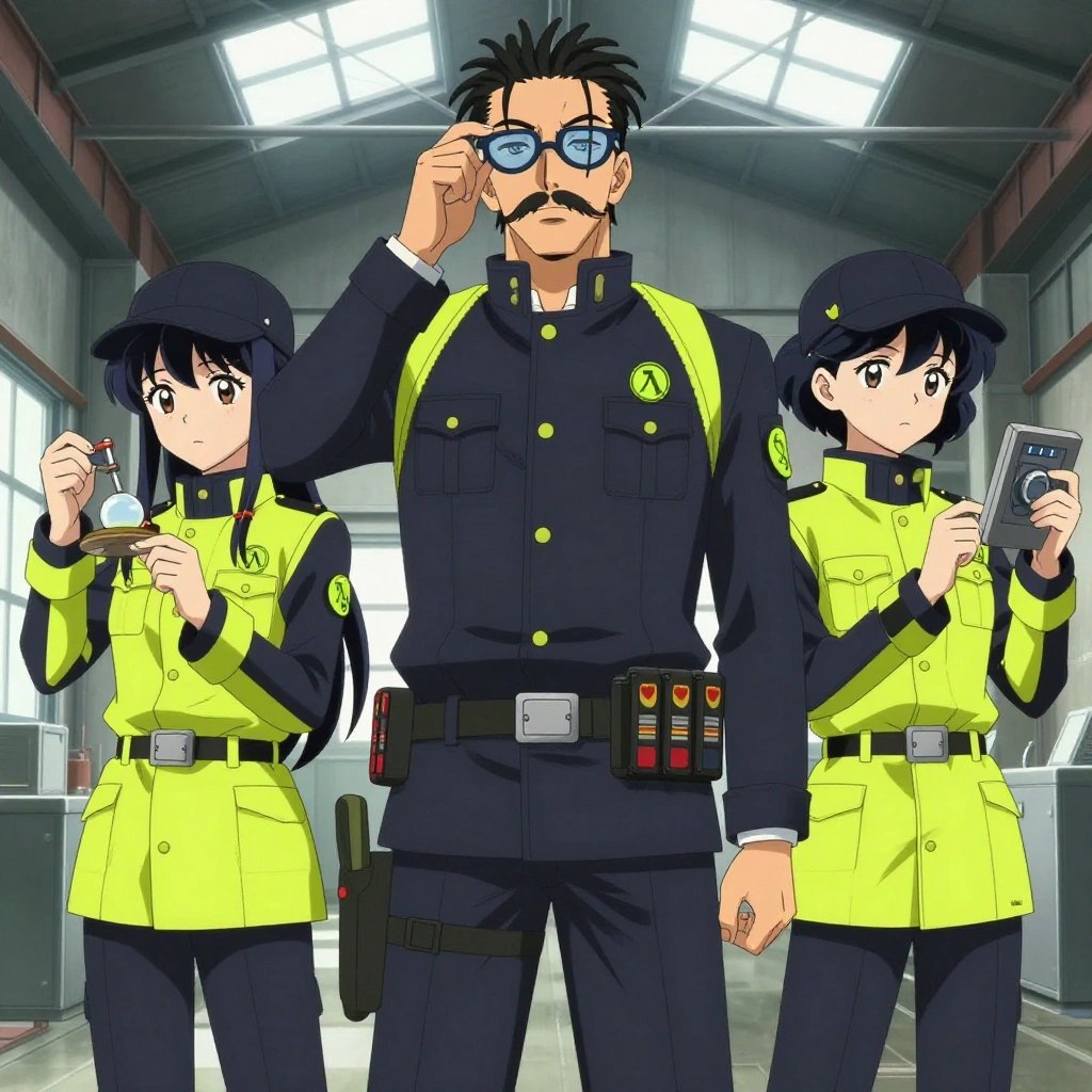 An anime scene showing 3 characters. 1. a male anime character with a tall, rugged build, short dreadlock hair, thick mustache, wearing a neatly buttoned utility jacket with a mandarin collar and two chest pockets, a utility belt with a small battery pack that connects to his eyeglasses, flat chest with no breasts 2. a female anime character with a smaller build, cute face, no facial hair, long hair with a ribbon tied at the end 3. a female anime character with a slim build, delicate face, no facial hair, short wavy hair with a hair pin All characters wear charcoal and neon yellow scientific expedition team with a queen of hearts aesthetic. Each character wears a small lapel pin showing the lowercase lambda letter in a circle, green logo. One character wears a flat cap. The team is measuring a literal traditional in an industrial warehouse with natural light streaming through skylights. One verifies dimensions with a precision tool, comparing to the specification. One weighs or measures a sample, handling it carefully to avoid contamination. One monitors a readout while adjusting a dial, watching for the target value. NO TEXT anywhere in this image — no speech bubbles, no word bubbles, no labels, no signs, no writing of any kind. Anime style, vibrant colors, clean composition, cinematic lighting.