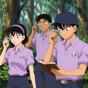 1 anime characters in soft lavender polos with dark slate pants and subtle striped collars monitoring a literal quantum in an old-growth forest with shafts of light cutting through the canopy. All characters wear small silver circle lapel pins. One female character has a lavender ribbon headband in her hair. One character wears a dark slate newsboy cap. One takes a precise reading with a calibrated instrument, recording it in a logbook. NO TEXT anywhere in this image — no speech bubbles, no word bubbles, no labels, no signs, no writing of any kind. Anime style, vibrant colors, clean composition, cinematic lighting.