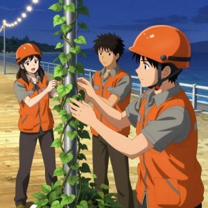 1 anime characters in burnt orange engineering vests worn over neutral gray base layers harvesting a literal software in a beachside boardwalk at twilight with string lights and warm sand. All characters have small gray utility patches on their vests. One character wears an orange reflective helmet. One female character has a small gray ribbon pinned to her vest. One trellises a climbing plant, guiding it along a support with gentle care. NO TEXT anywhere in this image — no speech bubbles, no word bubbles, no labels, no signs, no writing of any kind. Anime style, vibrant colors, clean composition, cinematic lighting.