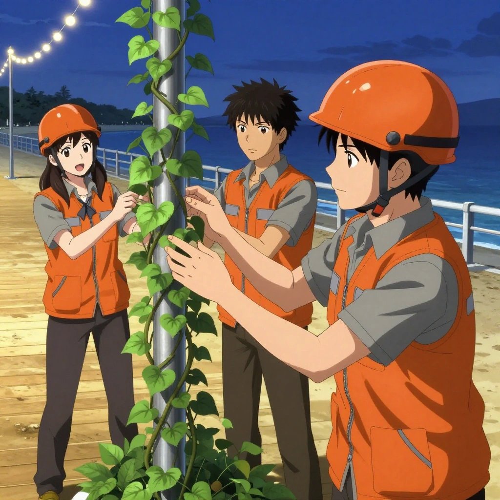 1 anime characters in burnt orange engineering vests worn over neutral gray base layers harvesting a literal software in a beachside boardwalk at twilight with string lights and warm sand. All characters have small gray utility patches on their vests. One character wears an orange reflective helmet. One female character has a small gray ribbon pinned to her vest. One trellises a climbing plant, guiding it along a support with gentle care. NO TEXT anywhere in this image — no speech bubbles, no word bubbles, no labels, no signs, no writing of any kind. Anime style, vibrant colors, clean composition, cinematic lighting.