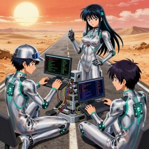 a team of 3 anime characters in silvery chrome suits with neon teal trim and glowing circuit patterns debugging a literal robot in a dusty desert road stretching to the horizon under a blazing sun. All characters have small glowing teal circuit-board badges on their shoulders. One character wears a sleek chrome visor cap. One female character has teal accent ribbons woven into her hair. One boots up a cluster and monitors the training job's progress metrics. One troubleshoots a flaky network connection, checking configs and physical links. One writes and tests code, iterating based on what runs correctly. NO TEXT anywhere in this image — no speech bubbles, no word bubbles, no labels, no signs, no writing of any kind. Anime style, vibrant colors, clean composition, cinematic lighting.