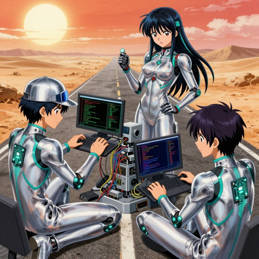 a team of 3 anime characters in silvery chrome suits with neon teal trim and glowing circuit patterns debugging a literal robot in a dusty desert road stretching to the horizon under a blazing sun. All characters have small glowing teal circuit-board badges on their shoulders. One character wears a sleek chrome visor cap. One female character has teal accent ribbons woven into her hair. One boots up a cluster and monitors the training job's progress metrics. One troubleshoots a flaky network connection, checking configs and physical links. One writes and tests code, iterating based on what runs correctly. NO TEXT anywhere in this image — no speech bubbles, no word bubbles, no labels, no signs, no writing of any kind. Anime style, vibrant colors, clean composition, cinematic lighting.