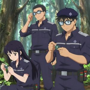 An anime scene showing 3 characters. 1. a female anime character with a petite build, cute face, no facial hair, long hair with a bow hair accessory 2. a male anime character with a taller, athletic build, short hair, subtle facial hair, wearing a neatly buttoned-up collared shirt with sleeves rolled to the elbows, a utility belt with a small battery pack that connects to his eyeglasses, flat chest with no breasts 3. a male anime character with a broader, muscular build, short spiky hair, light stubble, wearing a neatly buttoned work shirt with epaulets and a zipped front, a utility belt with a small battery pack that connects to his eyeglasses, flat chest with no breasts All characters wear dark purple and silver field research team with a game night aesthetic. Each character wears a small lapel pin showing the diamond shape with four facets inside a smaller diamond logo. One character wears a beret. The team is repairing a literal house in an old-growth forest with shafts of light cutting through the canopy. One diagnoses the fault by listening to how the mechanism sounds. One cleans a critical part with solvent, working in a well-ventilated spot. One replaces a worn component with a fresh part, checking the fit twice. NO TEXT anywhere in this image — no speech bubbles, no word bubbles, no labels, no signs, no writing of any kind. Anime style, vibrant colors, clean composition, cinematic lighting.
