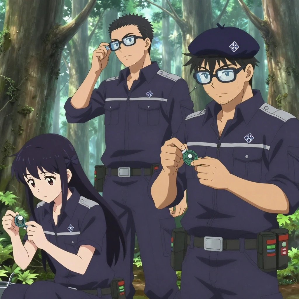 An anime scene showing 3 characters. 1. a female anime character with a petite build, cute face, no facial hair, long hair with a bow hair accessory 2. a male anime character with a taller, athletic build, short hair, subtle facial hair, wearing a neatly buttoned-up collared shirt with sleeves rolled to the elbows, a utility belt with a small battery pack that connects to his eyeglasses, flat chest with no breasts 3. a male anime character with a broader, muscular build, short spiky hair, light stubble, wearing a neatly buttoned work shirt with epaulets and a zipped front, a utility belt with a small battery pack that connects to his eyeglasses, flat chest with no breasts All characters wear dark purple and silver field research team with a game night aesthetic. Each character wears a small lapel pin showing the diamond shape with four facets inside a smaller diamond logo. One character wears a beret. The team is repairing a literal house in an old-growth forest with shafts of light cutting through the canopy. One diagnoses the fault by listening to how the mechanism sounds. One cleans a critical part with solvent, working in a well-ventilated spot. One replaces a worn component with a fresh part, checking the fit twice. NO TEXT anywhere in this image — no speech bubbles, no word bubbles, no labels, no signs, no writing of any kind. Anime style, vibrant colors, clean composition, cinematic lighting.