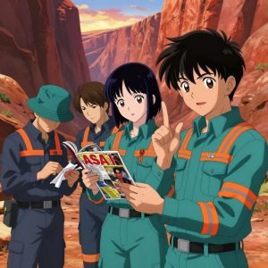 a team of 3 anime characters in teal and charcoal mechanic coveralls with neon orange reflective strips doing ASL a literal magazine in a wide canyon with layered red rock walls glowing at sunset. All characters have matching orange hazard stripes on their sleeves. One character wears a teal bucket hat. One female character has a small orange ribbon pinned to her coverall collar. One faces the camera and makes a clear ASL gesture — hand shapes, fingerspelling, or a recognizable sign — while the others continue their work nearby. One performs a careful examination to determine the cause of symptoms. One carefully cleans and dresses a wound using sterile supplies. NO TEXT anywhere in this image — no speech bubbles, no word bubbles, no labels, no signs, no writing of any kind. Anime style, vibrant colors, clean composition, cinematic lighting.