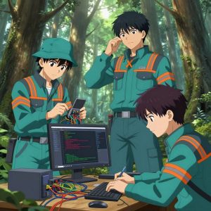 a team of 3 anime characters in teal and charcoal mechanic coveralls with neon orange reflective strips programming a literal ethereum in an old-growth forest with shafts of light cutting through the canopy. All characters have matching orange hazard stripes on their sleeves. One character wears a teal bucket hat. One female character has a small orange ribbon pinned to her coverall collar. One troubleshoots a flaky network connection, checking configs and physical links. One boots up a cluster and monitors the training job's progress metrics. One writes and tests code, iterating based on what runs correctly. NO TEXT anywhere in this image — no speech bubbles, no word bubbles, no labels, no signs, no writing of any kind. Anime style, vibrant colors, clean composition, cinematic lighting.