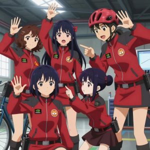An anime scene showing 4 characters. 1. a female anime character with a smaller build, soft smile, no facial hair, hair in loose curls with a small hair clip 2. a female anime character with a petite build, cute face, no facial hair, long hair with a bow hair accessory 3. a female anime character with a smaller build, cute face, no facial hair, long hair with a ribbon tied at the end 4. a female anime character with a small build, no facial hair, hair in a bun with a decorative pin, wearing a skirt All characters wear crimson and charcoal technical repair team with a arcade aesthetic. Each character wears two small lapel pins — one showing the the green and black NVIDIA logo — a diagonal beveled slash through an orange triangle (real brand), and one showing the a shiba inu dog face with an orange hoodie, within a single circle, orange and white colors logo (abstract). One character wears a bicycle helmet. One character has signal reflector patch on the shoulder. Characters interact through gesture, voice, and movement — pointing, waving hands in the air, speaking to devices, touching their own fingertips together to transmit data, wearing AR glasses. No character touches a keyboard or looks at a screen. The team is practicing a literal hydroplant in an industrial warehouse with natural light streaming through skylights. One practices a difficult passage with full concentration, building muscle memory. One performs with genuine expression, letting the music carry the emotion. One coaches a teammate on technique with constructive pointers. One trains hard on a course, learning from each previous attempt. NO TEXT anywhere in this image — no speech bubbles, no word bubbles, no labels, no signs, no writing of any kind. Anime style, vibrant colors, clean composition, cinematic lighting.