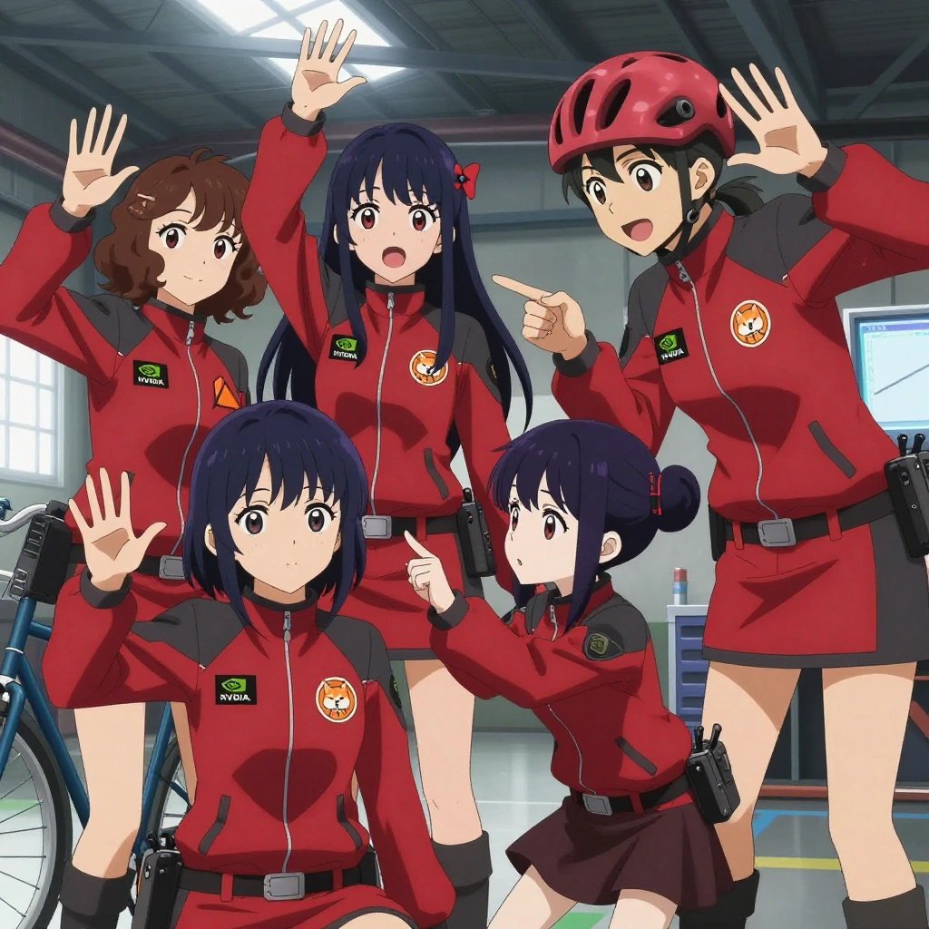 An anime scene showing 4 characters. 1. a female anime character with a smaller build, soft smile, no facial hair, hair in loose curls with a small hair clip 2. a female anime character with a petite build, cute face, no facial hair, long hair with a bow hair accessory 3. a female anime character with a smaller build, cute face, no facial hair, long hair with a ribbon tied at the end 4. a female anime character with a small build, no facial hair, hair in a bun with a decorative pin, wearing a skirt All characters wear crimson and charcoal technical repair team with a arcade aesthetic. Each character wears two small lapel pins — one showing the the green and black NVIDIA logo — a diagonal beveled slash through an orange triangle (real brand), and one showing the a shiba inu dog face with an orange hoodie, within a single circle, orange and white colors logo (abstract). One character wears a bicycle helmet. One character has signal reflector patch on the shoulder. Characters interact through gesture, voice, and movement — pointing, waving hands in the air, speaking to devices, touching their own fingertips together to transmit data, wearing AR glasses. No character touches a keyboard or looks at a screen. The team is practicing a literal hydroplant in an industrial warehouse with natural light streaming through skylights. One practices a difficult passage with full concentration, building muscle memory. One performs with genuine expression, letting the music carry the emotion. One coaches a teammate on technique with constructive pointers. One trains hard on a course, learning from each previous attempt. NO TEXT anywhere in this image — no speech bubbles, no word bubbles, no labels, no signs, no writing of any kind. Anime style, vibrant colors, clean composition, cinematic lighting.