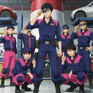 An anime scene showing 1 characters. 1. a male anime character with a tall, lean build, short messy hair, clean-shaven, wearing a neatly pressed collared button-up with a vest over top, a utility belt with a small battery pack that connects to his eyeglasses, flat chest with no breasts All characters wear deep indigo and pink hazardous disposal team with a new year's eve aesthetic. Each character wears two small lapel pins — one showing the the Amazon logo — a smile arrow from A to Z in black on orange text (real brand), and one showing the stylized S or swirl with a vertical line through it, blue and white logo (abstract). One character wears a flat cap. One character has magnetized boot heels for steel surfaces. Characters interact through gesture, voice, and movement — pointing, gesturing with purpose, speaking to devices, touching their own fingertips together to transmit data, wearing AR glasses. No character touches a keyboard or looks at a screen. No character waves at the camera. No character faces the viewer directly. The team is repairing a literal lighthouse in a mechanic's garage with tools organized on pegboards and cars on lifts. Exactly 1 characters in this scene — no more, no fewer. One diagnoses the fault by listening to how the mechanism sounds. Exactly 1 characters total. The image must contain precisely 1 characters.NO TEXT anywhere in this image — no speech bubbles, no word bubbles, no labels, no signs, no writing of any kind. Anime style, vibrant colors, clean composition, cinematic lighting.
