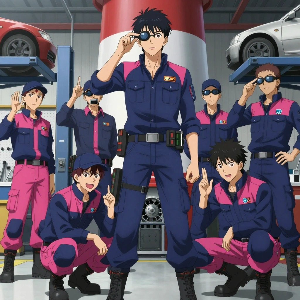 An anime scene showing 1 characters. 1. a male anime character with a tall, lean build, short messy hair, clean-shaven, wearing a neatly pressed collared button-up with a vest over top, a utility belt with a small battery pack that connects to his eyeglasses, flat chest with no breasts All characters wear deep indigo and pink hazardous disposal team with a new year's eve aesthetic. Each character wears two small lapel pins — one showing the the Amazon logo — a smile arrow from A to Z in black on orange text (real brand), and one showing the stylized S or swirl with a vertical line through it, blue and white logo (abstract). One character wears a flat cap. One character has magnetized boot heels for steel surfaces. Characters interact through gesture, voice, and movement — pointing, gesturing with purpose, speaking to devices, touching their own fingertips together to transmit data, wearing AR glasses. No character touches a keyboard or looks at a screen. No character waves at the camera. No character faces the viewer directly. The team is repairing a literal lighthouse in a mechanic's garage with tools organized on pegboards and cars on lifts. Exactly 1 characters in this scene — no more, no fewer. One diagnoses the fault by listening to how the mechanism sounds. Exactly 1 characters total. The image must contain precisely 1 characters.NO TEXT anywhere in this image — no speech bubbles, no word bubbles, no labels, no signs, no writing of any kind. Anime style, vibrant colors, clean composition, cinematic lighting.