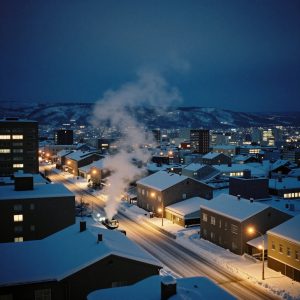 Cinematic shot of Sapporo at dusk in winter with snow-covered rooftops