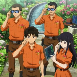 An anime scene showing 4 characters. 1. a male anime character with a lean, wiry build, short wavy hair, clean-shaven, wearing a neatly buttoned utility shirt with a buttoned collar and chest pockets snapped shut, a utility belt with a small battery pack that connects to his eyeglasses, flat chest with no breasts 2. a female anime character with a small build, no facial hair, hair in a bun with a decorative pin, wearing a skirt 3. a male anime character with a fit, medium build, short slicked-back hair, light mustache, wearing a neatly buttoned work polo with a collared neck and buttoned cuffs, a utility belt with a small battery pack that connects to his eyeglasses, flat chest with no breasts 4. a female anime character with a smaller build, cute face, no facial hair, long hair with a ribbon tied at the end All characters wear warm orange and brown scientific expedition team with a pop star aesthetic. Each character wears two small lapel pins — one showing a tiny watermelon slice showing the red flesh, black seeds, and green rind and one showing a tiny yellow tape measure coiled into a small circle. Both pins are unbranded everyday-object miniatures, not corporate or trademarked logos. One character wears a top hat. One character has fingertip caps for precision work. Only one character gestures — the others focus on their tasks without gesturing or pointing. Characters speak to devices, check readings, touch their own fingertips together to transmit data, and wear AR glasses. No character touches a keyboard or looks at a screen. No character waves at the camera. No character faces the viewer directly. The team is programming a literal aqueduct in a botanical garden at peak bloom with stone pathways and morning mist. Exactly 4 characters in this scene — no more, no fewer. One writes and tests code, iterating based on what runs correctly. One boots up a cluster and monitors the training job's progress metrics. One deploys an update to production, watching dashboards for anomalies. One troubleshoots a flaky network connection, checking configs and physical links. No male character wears a skirt, kilt, or apron over pants or formal shirts. Exactly 4 characters total. The image must contain precisely 4 characters.NO TEXT anywhere in this image — no speech bubbles, no word bubbles, no labels, no signs, no writing of any kind. Anime style, vibrant colors, clean composition, cinematic lighting.