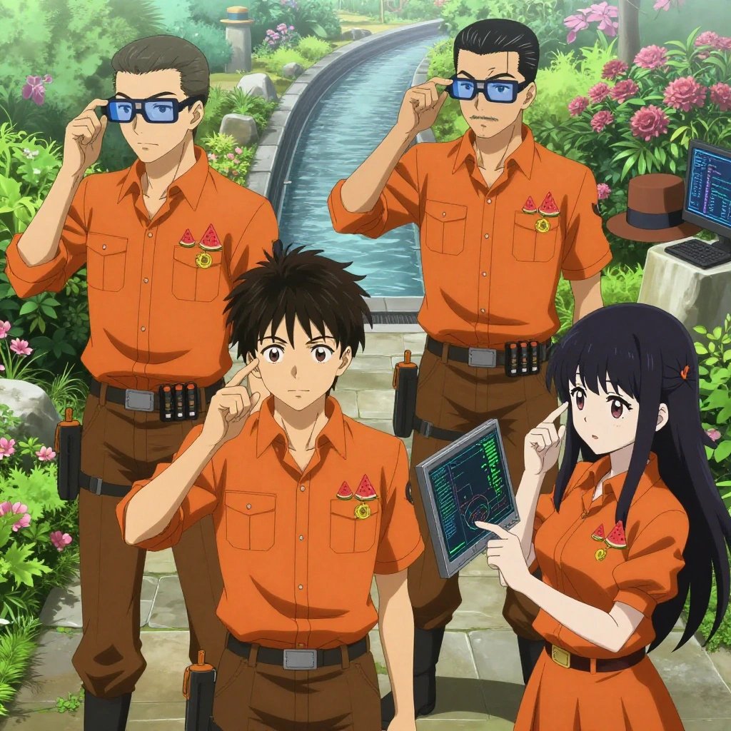 An anime scene showing 4 characters. 1. a male anime character with a lean, wiry build, short wavy hair, clean-shaven, wearing a neatly buttoned utility shirt with a buttoned collar and chest pockets snapped shut, a utility belt with a small battery pack that connects to his eyeglasses, flat chest with no breasts 2. a female anime character with a small build, no facial hair, hair in a bun with a decorative pin, wearing a skirt 3. a male anime character with a fit, medium build, short slicked-back hair, light mustache, wearing a neatly buttoned work polo with a collared neck and buttoned cuffs, a utility belt with a small battery pack that connects to his eyeglasses, flat chest with no breasts 4. a female anime character with a smaller build, cute face, no facial hair, long hair with a ribbon tied at the end All characters wear warm orange and brown scientific expedition team with a pop star aesthetic. Each character wears two small lapel pins — one showing a tiny watermelon slice showing the red flesh, black seeds, and green rind and one showing a tiny yellow tape measure coiled into a small circle. Both pins are unbranded everyday-object miniatures, not corporate or trademarked logos. One character wears a top hat. One character has fingertip caps for precision work. Only one character gestures — the others focus on their tasks without gesturing or pointing. Characters speak to devices, check readings, touch their own fingertips together to transmit data, and wear AR glasses. No character touches a keyboard or looks at a screen. No character waves at the camera. No character faces the viewer directly. The team is programming a literal aqueduct in a botanical garden at peak bloom with stone pathways and morning mist. Exactly 4 characters in this scene — no more, no fewer. One writes and tests code, iterating based on what runs correctly. One boots up a cluster and monitors the training job's progress metrics. One deploys an update to production, watching dashboards for anomalies. One troubleshoots a flaky network connection, checking configs and physical links. No male character wears a skirt, kilt, or apron over pants or formal shirts. Exactly 4 characters total. The image must contain precisely 4 characters.NO TEXT anywhere in this image — no speech bubbles, no word bubbles, no labels, no signs, no writing of any kind. Anime style, vibrant colors, clean composition, cinematic lighting.