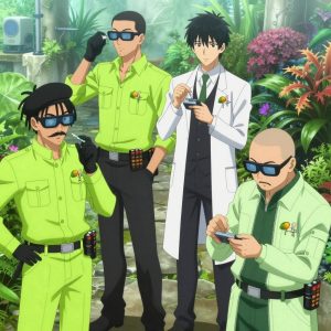 An anime scene showing 4 characters. 1. a male anime character with a tall, rugged build, short dreadlock hair, thick mustache, wearing a neatly buttoned utility jacket with a mandarin collar and two chest pockets, a utility belt with a small battery pack that connects to his eyeglasses, flat chest with no breasts 2. a male anime character with a taller, athletic build, short hair, subtle facial hair, wearing a neatly buttoned-up collared shirt with sleeves rolled to the elbows, a utility belt with a small battery pack that connects to his eyeglasses, flat chest with no breasts 3. a male anime character with a tall, lean build, short messy hair, clean-shaven, wearing a neatly pressed collared button-up with a vest over top, a utility belt with a small battery pack that connects to his eyeglasses, flat chest with no breasts 4. a male anime character with a broad-shouldered build, short buzz-cut hair, clean-shaven, wearing a neatly buttoned work coverall with a full-length zipper and snapped chest pocket, a utility belt with a small battery pack that connects to his eyeglasses, flat chest with no breasts All characters wear neon green and black medical team (white lab coats) with a rock n roll aesthetic. Each character wears two small lapel pins β one showing a tiny yellow-orange mango with a hint of red blush and one showing a tiny wooden clothespin with a metal spring. Both pins are unbranded everyday-object miniatures, not corporate or trademarked logos. One character wears a beret. One character has gloves with fingertip sensors. Only one character gestures β the others focus on their tasks without gesturing or pointing. Characters speak to devices, check readings, touch their own fingertips together to transmit data, and wear AR glasses. No character touches a keyboard or looks at a screen. No character waves at the camera. No character faces the viewer directly. The team is treating a literal space station in a botanical garden at peak bloom with stone pathways and morning mist. Exactly 4 characters in this scene β no more, no fewer. One performs a careful examination to determine the cause of symptoms. One administers medicine with a precise dose, watching for reactions. One monitors vital signs on equipment, checking readings regularly. One carefully cleans and dresses a wound using sterile supplies. No male character wears a skirt, kilt, or apron over pants or formal shirts. Exactly 4 characters total. The image must contain precisely 4 characters.NO TEXT anywhere in this image β no speech bubbles, no word bubbles, no labels, no signs, no writing of any kind. Anime style, vibrant colors, clean composition, cinematic lighting.