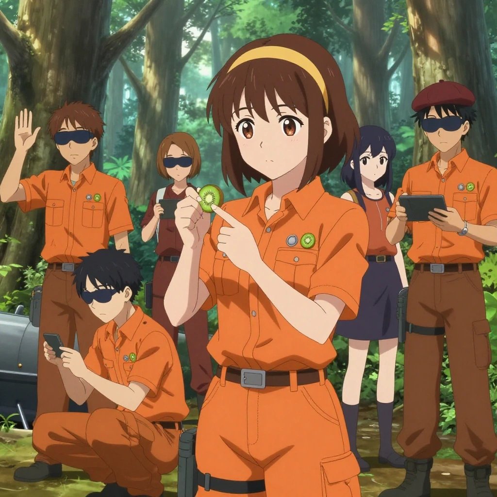An anime scene showing 1 characters. 1. a female anime character with a slim build, gentle features, no facial hair, hair in a bob with a headband All characters wear warm orange and brown maintenance crew with a autumn aesthetic. Each character wears two small lapel pins — one showing a tiny kiwi slice showing the green flesh with tiny black seeds and white center and one showing a tiny silver hex nut. Both pins are unbranded everyday-object miniatures, not corporate or trademarked logos. One character wears a beret. One character has calibrated ankle strap for terrain mapping. Only one character gestures — the others focus on their tasks without gesturing or pointing. Characters speak to devices, check readings, touch their own fingertips together to transmit data, and wear AR glasses. No character touches a keyboard or looks at a screen. No character waves at the camera. No character faces the viewer directly. The team is repairing a literal submarine in an old-growth forest with shafts of light cutting through the canopy. Exactly 1 characters in this scene — no more, no fewer. One replaces a worn component with a fresh part, checking the fit twice. No male character wears a skirt, kilt, or apron over pants or formal shirts. Exactly 1 characters total. The image must contain precisely 1 characters.NO TEXT anywhere in this image — no speech bubbles, no word bubbles, no labels, no signs, no writing of any kind. Anime style, vibrant colors, clean composition, cinematic lighting.