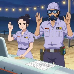 An anime scene showing 2 characters. 1. a female anime character with a small build, no facial hair, hair in a bun with a decorative pin, wearing a skirt 2. a male anime character with a lean, wiry build, short wavy hair, clean-shaven, wearing a neatly buttoned utility shirt with a buttoned collar and chest pockets snapped shut, a utility belt with a small battery pack that connects to his eyeglasses, flat chest with no breasts All characters wear light lavender and mint field research team with a fictional character aesthetic. Each character wears two small lapel pins β one showing the the Amazon logo β a smile arrow from A to Z in black on orange text (real brand), and one showing the diamond shape with four facets inside a smaller diamond logo (abstract). One character wears a beanie. One character has compact respirator hanging from a carabiner. Only one character gestures β the others focus on their tasks without gesturing or pointing. Characters speak to devices, check readings, touch their own fingertips together to transmit data, and wear AR glasses. No character touches a keyboard or looks at a screen. No character waves at the camera. No character faces the viewer directly. The team is building a literal submarine in a beachside boardwalk at twilight with string lights and warm sand. Exactly 2 characters in this scene β no more, no fewer. One sands a surface smooth before applying finish, feeling for imperfections. One cuts material to exact measurements, double-checking against the plan. No male character wears a skirt, kilt, or apron over pants or formal shirts. Exactly 2 characters total. The image must contain precisely 2 characters.NO TEXT anywhere in this image β no speech bubbles, no word bubbles, no labels, no signs, no writing of any kind. Anime style, vibrant colors, clean composition, cinematic lighting.