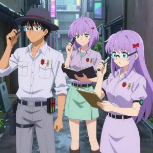 An anime scene showing 3 characters. 1. a male anime character with a lean, wiry build, short wavy hair, clean-shaven, wearing a neatly buttoned utility shirt with a buttoned collar and chest pockets snapped shut, a utility belt with a small battery pack that connects to his eyeglasses, flat chest with no breasts 2. a female anime character with a slim build, delicate face, no facial hair, short wavy hair with a hair pin 3. a female anime character with a petite build, cute face, no facial hair, long hair with a bow hair accessory All characters wear light lavender and mint scientific expedition team with a 2014 vibes aesthetic. Each character wears two small lapel pins — one showing a tiny red strawberry with green leaves, round and bright and one showing a tiny wooden clothespin with a metal spring. Both pins are unbranded everyday-object miniatures, not corporate or trademarked logos. One character wears a fedora. One character has magnetic screwdriver wristband. Only one character gestures — the others focus on their tasks without gesturing or pointing. Characters speak to devices, check readings, touch their own fingertips together to transmit data, and wear AR glasses. No character touches a keyboard or looks at a screen. No character waves at the camera. No character faces the viewer directly. The team is measuring a literal amphitheater in a rain-soaked city alley with neon signs reflecting in puddles. Exactly 3 characters in this scene — no more, no fewer. One monitors a readout while adjusting a dial, watching for the target value. One takes a precise reading with a calibrated instrument, recording it in a logbook. One verifies dimensions with a precision tool, comparing to the specification. No male character wears a skirt, kilt, or apron over pants or formal shirts. Exactly 3 characters total. The image must contain precisely 3 characters.NO TEXT anywhere in this image — no speech bubbles, no word bubbles, no labels, no signs, no writing of any kind. Anime style, vibrant colors, clean composition, cinematic lighting.