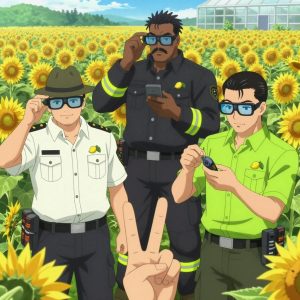 An anime scene showing 3 characters. 1. a male anime character with a broader, muscular build, short spiky hair, light stubble, wearing a neatly buttoned work shirt with epaulets and a zipped front, a utility belt with a small battery pack that connects to his eyeglasses, flat chest with no breasts 2. a male anime character with a tall, rugged build, short dreadlock hair, thick mustache, wearing a neatly buttoned utility jacket with a mandarin collar and two chest pockets, a utility belt with a small battery pack that connects to his eyeglasses, flat chest with no breasts 3. a male anime character with a fit, medium build, short slicked-back hair, light mustache, wearing a neatly buttoned work polo with a collared neck and buttoned cuffs, a utility belt with a small battery pack that connects to his eyeglasses, flat chest with no breasts All characters wear neon green and black search and rescue team with a black and white aesthetic. Each character wears two small lapel pins — one showing a tiny yellow lemon with a small green leaf attached and one showing a tiny brass thumbtack with a flat head. Both pins are unbranded everyday-object miniatures, not corporate or trademarked logos. One character wears a fedora. One character has cooling vest worn under the uniform. Character #3 making a peace sign — index and middle fingers extended in a V, clearly visible, hands large and clearly visible in the foreground. Only one character gestures — the others focus on their tasks without gesturing or pointing. Characters speak to devices, check readings, touch their own fingertips together to transmit data, and wear AR glasses. No character touches a keyboard or looks at a screen. No character waves at the camera. No character faces the viewer directly. The team is repairing a literal greenhouse in a sunflower field extending to a farmstead on the horizon. Exactly 3 characters in this scene — no more, no fewer. One diagnoses the fault by listening to how the mechanism sounds. One recalibrates the device to factory specifications step by step. One replaces a worn component with a fresh part, checking the fit twice. No male character wears a skirt, kilt, or apron over pants or formal shirts. Exactly 3 characters total. The image must contain precisely 3 characters.NO TEXT anywhere in this image — no speech bubbles, no word bubbles, no labels, no signs, no writing of any kind. Anime style, vibrant colors, clean composition, cinematic lighting.