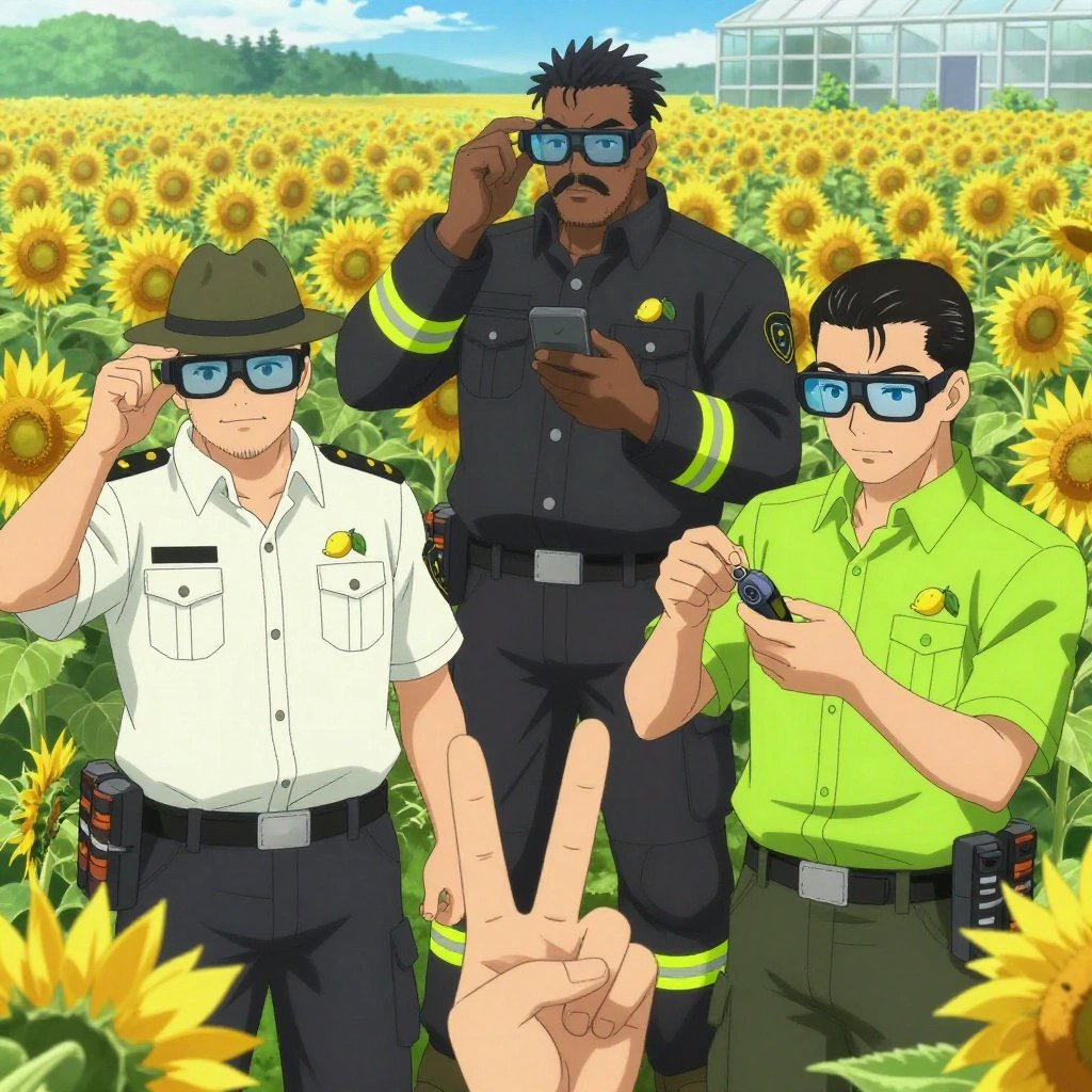 An anime scene showing 3 characters. 1. a male anime character with a broader, muscular build, short spiky hair, light stubble, wearing a neatly buttoned work shirt with epaulets and a zipped front, a utility belt with a small battery pack that connects to his eyeglasses, flat chest with no breasts 2. a male anime character with a tall, rugged build, short dreadlock hair, thick mustache, wearing a neatly buttoned utility jacket with a mandarin collar and two chest pockets, a utility belt with a small battery pack that connects to his eyeglasses, flat chest with no breasts 3. a male anime character with a fit, medium build, short slicked-back hair, light mustache, wearing a neatly buttoned work polo with a collared neck and buttoned cuffs, a utility belt with a small battery pack that connects to his eyeglasses, flat chest with no breasts All characters wear neon green and black search and rescue team with a black and white aesthetic. Each character wears two small lapel pins — one showing a tiny yellow lemon with a small green leaf attached and one showing a tiny brass thumbtack with a flat head. Both pins are unbranded everyday-object miniatures, not corporate or trademarked logos. One character wears a fedora. One character has cooling vest worn under the uniform. Character #3 making a peace sign — index and middle fingers extended in a V, clearly visible, hands large and clearly visible in the foreground. Only one character gestures — the others focus on their tasks without gesturing or pointing. Characters speak to devices, check readings, touch their own fingertips together to transmit data, and wear AR glasses. No character touches a keyboard or looks at a screen. No character waves at the camera. No character faces the viewer directly. The team is repairing a literal greenhouse in a sunflower field extending to a farmstead on the horizon. Exactly 3 characters in this scene — no more, no fewer. One diagnoses the fault by listening to how the mechanism sounds. One recalibrates the device to factory specifications step by step. One replaces a worn component with a fresh part, checking the fit twice. No male character wears a skirt, kilt, or apron over pants or formal shirts. Exactly 3 characters total. The image must contain precisely 3 characters.NO TEXT anywhere in this image — no speech bubbles, no word bubbles, no labels, no signs, no writing of any kind. Anime style, vibrant colors, clean composition, cinematic lighting.