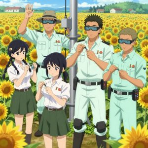 An anime scene showing 4 characters. 1. a female anime character with a petite build, soft features, no facial hair, hair in twin braids with small flower clips 2. a female anime character with a slender build, youthful face, no facial hair, side ponytail with a ribbon 3. a male anime character with a broader, muscular build, short spiky hair, light stubble, wearing a neatly buttoned work shirt with epaulets and a zipped front, a utility belt with a small battery pack that connects to his eyeglasses, flat chest with no breasts 4. a male anime character with a lean, medium build, short textured hair, light stubble, wearing a neatly buttoned utility smock with a buttoned collar and chest flaps closed, a utility belt with a small battery pack that connects to his eyeglasses, flat chest with no breasts All characters wear soft mint and white scientific expedition team with a dark or light aesthetic. Each character wears two small lapel pins β one showing a tiny fuzzy peach with a single crease down one side and one showing a tiny wooden clothespin with a metal spring. Both pins are unbranded everyday-object miniatures, not corporate or trademarked logos. One character wears a fedora. One character has knee pads with built-in tool pouches. Character #3 shrugging β both shoulders raised with palms up, clearly visible, hands large and clearly visible in the foreground. Only one character gestures β the others focus on their tasks without gesturing or pointing. Characters speak to devices, check readings, touch their own fingertips together to transmit data, and wear AR glasses. No character touches a keyboard or looks at a screen. No character waves at the camera. No character faces the viewer directly. The team is repairing a literal radio tower in a sunflower field extending to a farmstead on the horizon. Exactly 4 characters in this scene β no more, no fewer. One cleans a critical part with solvent, working in a well-ventilated spot. One recalibrates the device to factory specifications step by step. One carefully tightens a bolt with the appropriate tool, working by feel. One replaces a worn component with a fresh part, checking the fit twice. No male character wears a skirt, kilt, or apron over pants or formal shirts. Exactly 4 characters total. The image must contain precisely 4 characters.NO TEXT anywhere in this image β no speech bubbles, no word bubbles, no labels, no signs, no writing of any kind. Anime style, vibrant colors, clean composition, cinematic lighting.