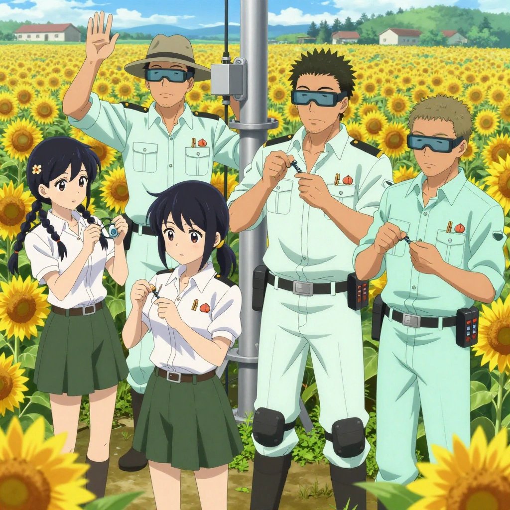 An anime scene showing 4 characters. 1. a female anime character with a petite build, soft features, no facial hair, hair in twin braids with small flower clips 2. a female anime character with a slender build, youthful face, no facial hair, side ponytail with a ribbon 3. a male anime character with a broader, muscular build, short spiky hair, light stubble, wearing a neatly buttoned work shirt with epaulets and a zipped front, a utility belt with a small battery pack that connects to his eyeglasses, flat chest with no breasts 4. a male anime character with a lean, medium build, short textured hair, light stubble, wearing a neatly buttoned utility smock with a buttoned collar and chest flaps closed, a utility belt with a small battery pack that connects to his eyeglasses, flat chest with no breasts All characters wear soft mint and white scientific expedition team with a dark or light aesthetic. Each character wears two small lapel pins — one showing a tiny fuzzy peach with a single crease down one side and one showing a tiny wooden clothespin with a metal spring. Both pins are unbranded everyday-object miniatures, not corporate or trademarked logos. One character wears a fedora. One character has knee pads with built-in tool pouches. Character #3 shrugging — both shoulders raised with palms up, clearly visible, hands large and clearly visible in the foreground. Only one character gestures — the others focus on their tasks without gesturing or pointing. Characters speak to devices, check readings, touch their own fingertips together to transmit data, and wear AR glasses. No character touches a keyboard or looks at a screen. No character waves at the camera. No character faces the viewer directly. The team is repairing a literal radio tower in a sunflower field extending to a farmstead on the horizon. Exactly 4 characters in this scene — no more, no fewer. One cleans a critical part with solvent, working in a well-ventilated spot. One recalibrates the device to factory specifications step by step. One carefully tightens a bolt with the appropriate tool, working by feel. One replaces a worn component with a fresh part, checking the fit twice. No male character wears a skirt, kilt, or apron over pants or formal shirts. Exactly 4 characters total. The image must contain precisely 4 characters.NO TEXT anywhere in this image — no speech bubbles, no word bubbles, no labels, no signs, no writing of any kind. Anime style, vibrant colors, clean composition, cinematic lighting.
