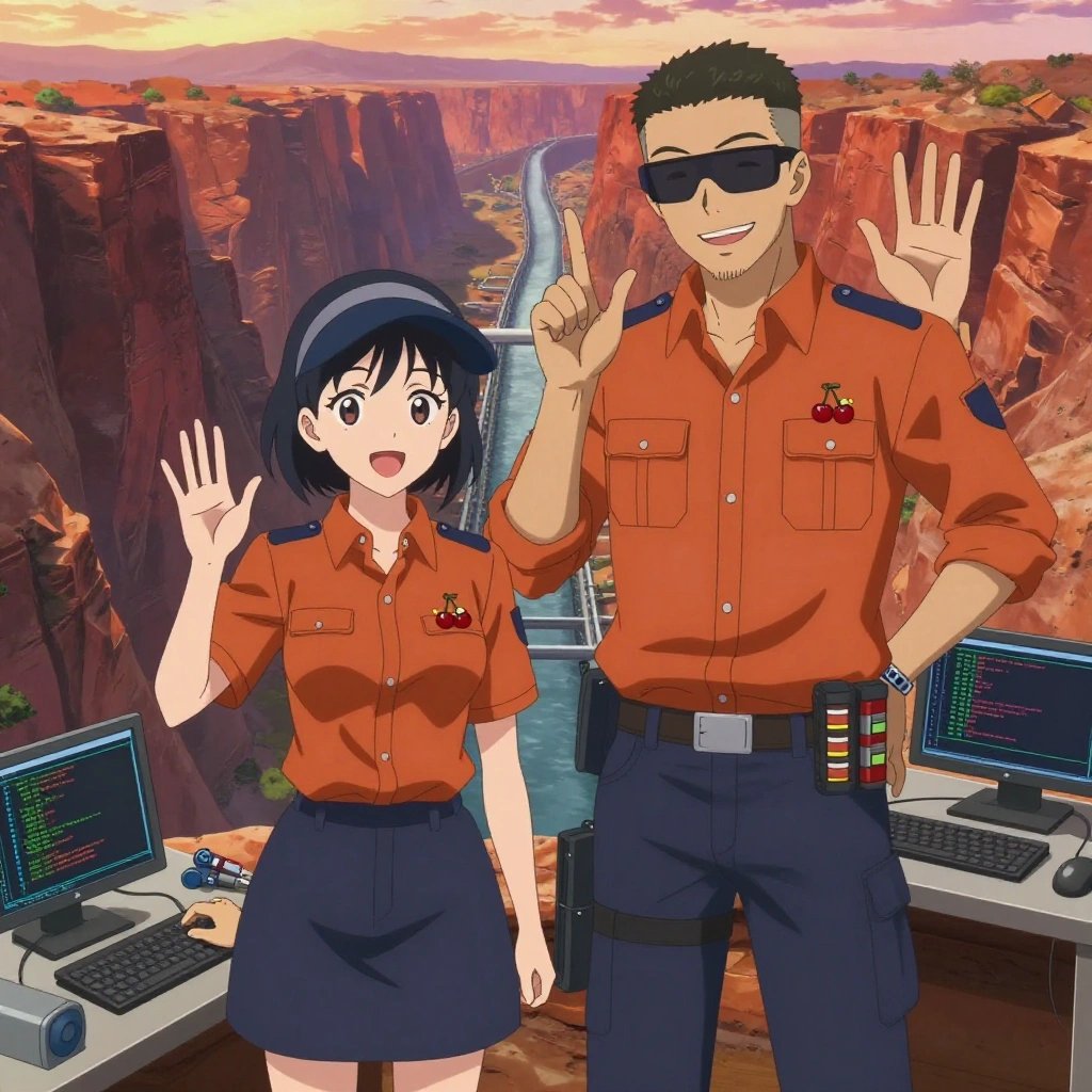 An anime scene showing 2 characters. 1. a female anime character with a slim build, gentle features, no facial hair, hair in a bob with a headband 2. a male anime character with a tall, sturdy build, short side-part hair, light goatee, wearing a neatly buttoned collared work shirt with sleeves rolled up, a utility belt with a small battery pack that connects to his eyeglasses, flat chest with no breasts All characters wear rust orange and navy technical repair team with a happy aesthetic. Each character wears two small lapel pins — one showing a pair of tiny red cherries joined by a slim green stem and one showing a tiny silver hex bolt. Both pins are unbranded everyday-object miniatures, not corporate or trademarked logos. One character wears a baseball cap. One character has magnetic screwdriver wristband. Only one character gestures — the others focus on their tasks without gesturing or pointing. Characters speak to devices, check readings, touch their own fingertips together to transmit data, and wear AR glasses. No character touches a keyboard or looks at a screen. No character waves at the camera. No character faces the viewer directly. The team is programming a literal aqueduct in a wide canyon with layered red rock walls glowing at sunset. Exactly 2 characters in this scene — no more, no fewer. One writes and tests code, iterating based on what runs correctly. One boots up a cluster and monitors the training job's progress metrics. No male character wears a skirt, kilt, or apron over pants or formal shirts. Exactly 2 characters total. The image must contain precisely 2 characters.NO TEXT anywhere in this image — no speech bubbles, no word bubbles, no labels, no signs, no writing of any kind. Anime style, vibrant colors, clean composition, cinematic lighting.
