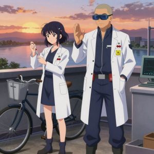 An anime scene showing 2 characters. 1. a female anime character with a slim build, delicate face, no facial hair, short wavy hair with a hair pin 2. a male anime character with a broad-shouldered build, short buzz-cut hair, clean-shaven, wearing a neatly buttoned work coverall with a full-length zipper and snapped chest pocket, a utility belt with a small battery pack that connects to his eyeglasses, flat chest with no breasts All characters wear navy and soft white medical team (white lab coats) with a valentine's heartbreak aesthetic. Each character wears two small lapel pins β one showing a pair of tiny red cherries joined by a slim green stem and one showing a tiny yellow tape measure coiled into a small circle. Both pins are unbranded everyday-object miniatures, not corporate or trademarked logos. One character wears a bicycle helmet. One character has magnetized boot heels for steel surfaces. Only one character gestures β the others focus on their tasks without gesturing or pointing. Characters speak to devices, check readings, touch their own fingertips together to transmit data, and wear AR glasses. No character touches a keyboard or looks at a screen. No character waves at the camera. No character faces the viewer directly. The team is treating a literal hydroplant in a rooftop terrace at sunset overlooking a wide river. Exactly 2 characters in this scene β no more, no fewer. One administers medicine with a precise dose, watching for reactions. One monitors vital signs on equipment, checking readings regularly. No male character wears a skirt, kilt, or apron over pants or formal shirts. Exactly 2 characters total. The image must contain precisely 2 characters.NO TEXT anywhere in this image β no speech bubbles, no word bubbles, no labels, no signs, no writing of any kind. Anime style, vibrant colors, clean composition, cinematic lighting.