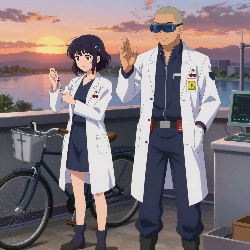An anime scene showing 2 characters. 1. a female anime character with a slim build, delicate face, no facial hair, short wavy hair with a hair pin 2. a male anime character with a broad-shouldered build, short buzz-cut hair, clean-shaven, wearing a neatly buttoned work coverall with a full-length zipper and snapped chest pocket, a utility belt with a small battery pack that connects to his eyeglasses, flat chest with no breasts All characters wear navy and soft white medical team (white lab coats) with a valentine's heartbreak aesthetic. Each character wears two small lapel pins — one showing a pair of tiny red cherries joined by a slim green stem and one showing a tiny yellow tape measure coiled into a small circle. Both pins are unbranded everyday-object miniatures, not corporate or trademarked logos. One character wears a bicycle helmet. One character has magnetized boot heels for steel surfaces. Only one character gestures — the others focus on their tasks without gesturing or pointing. Characters speak to devices, check readings, touch their own fingertips together to transmit data, and wear AR glasses. No character touches a keyboard or looks at a screen. No character waves at the camera. No character faces the viewer directly. The team is treating a literal hydroplant in a rooftop terrace at sunset overlooking a wide river. Exactly 2 characters in this scene — no more, no fewer. One administers medicine with a precise dose, watching for reactions. One monitors vital signs on equipment, checking readings regularly. No male character wears a skirt, kilt, or apron over pants or formal shirts. Exactly 2 characters total. The image must contain precisely 2 characters.NO TEXT anywhere in this image — no speech bubbles, no word bubbles, no labels, no signs, no writing of any kind. Anime style, vibrant colors, clean composition, cinematic lighting.