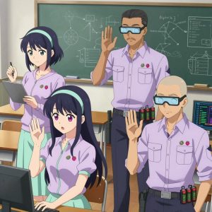 An anime scene showing 4 characters. 1. a female anime character with a slim build, gentle features, no facial hair, hair in a bob with a headband 2. a female anime character with a petite build, expressive eyes, no facial hair, long straight hair with a ribbon headband 3. a male anime character with a fit, medium build, short slicked-back hair, light mustache, wearing a neatly buttoned work polo with a collared neck and buttoned cuffs, a utility belt with a small battery pack that connects to his eyeglasses, flat chest with no breasts 4. a male anime character with a lean, wiry build, short wavy hair, clean-shaven, wearing a neatly buttoned utility shirt with a buttoned collar and chest pockets snapped shut, a utility belt with a small battery pack that connects to his eyeglasses, flat chest with no breasts All characters wear light lavender and mint fishing trawler crew with a fairy costume aesthetic. Each character wears two small lapel pins β one showing a tiny pink raspberry with a hollow center and one showing a tiny silver safety pin closed into a loop. Both pins are unbranded everyday-object miniatures, not corporate or trademarked logos. One character wears a hoodie. One character has compact filtration mask clipped to the belt. Only one character gestures β the others focus on their tasks without gesturing or pointing. Characters speak to devices, check readings, touch their own fingertips together to transmit data, and wear AR glasses. No character touches a keyboard or looks at a screen. No character waves at the camera. No character faces the viewer directly. The team is programming a literal greenhouse in a sunny classroom with desks and a chalkboard covered in diagrams. Exactly 4 characters in this scene β no more, no fewer. One writes and tests code, iterating based on what runs correctly. One boots up a cluster and monitors the training job's progress metrics. One deploys an update to production, watching dashboards for anomalies. One troubleshoots a flaky network connection, checking configs and physical links. No male character wears a skirt, kilt, or apron over pants or formal shirts. Exactly 4 characters total. The image must contain precisely 4 characters.NO TEXT anywhere in this image β no speech bubbles, no word bubbles, no labels, no signs, no writing of any kind. Anime style, vibrant colors, clean composition, cinematic lighting.