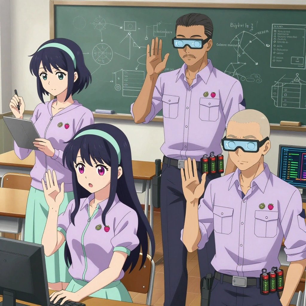 An anime scene showing 4 characters. 1. a female anime character with a slim build, gentle features, no facial hair, hair in a bob with a headband 2. a female anime character with a petite build, expressive eyes, no facial hair, long straight hair with a ribbon headband 3. a male anime character with a fit, medium build, short slicked-back hair, light mustache, wearing a neatly buttoned work polo with a collared neck and buttoned cuffs, a utility belt with a small battery pack that connects to his eyeglasses, flat chest with no breasts 4. a male anime character with a lean, wiry build, short wavy hair, clean-shaven, wearing a neatly buttoned utility shirt with a buttoned collar and chest pockets snapped shut, a utility belt with a small battery pack that connects to his eyeglasses, flat chest with no breasts All characters wear light lavender and mint fishing trawler crew with a fairy costume aesthetic. Each character wears two small lapel pins — one showing a tiny pink raspberry with a hollow center and one showing a tiny silver safety pin closed into a loop. Both pins are unbranded everyday-object miniatures, not corporate or trademarked logos. One character wears a hoodie. One character has compact filtration mask clipped to the belt. Only one character gestures — the others focus on their tasks without gesturing or pointing. Characters speak to devices, check readings, touch their own fingertips together to transmit data, and wear AR glasses. No character touches a keyboard or looks at a screen. No character waves at the camera. No character faces the viewer directly. The team is programming a literal greenhouse in a sunny classroom with desks and a chalkboard covered in diagrams. Exactly 4 characters in this scene — no more, no fewer. One writes and tests code, iterating based on what runs correctly. One boots up a cluster and monitors the training job's progress metrics. One deploys an update to production, watching dashboards for anomalies. One troubleshoots a flaky network connection, checking configs and physical links. No male character wears a skirt, kilt, or apron over pants or formal shirts. Exactly 4 characters total. The image must contain precisely 4 characters.NO TEXT anywhere in this image — no speech bubbles, no word bubbles, no labels, no signs, no writing of any kind. Anime style, vibrant colors, clean composition, cinematic lighting.