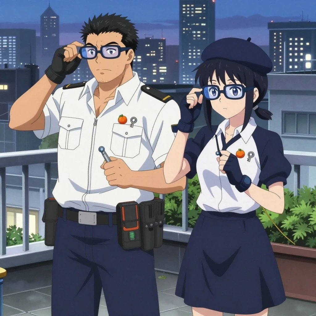An anime scene showing 2 characters. 1. a male anime character with a broader, muscular build, short spiky hair, light stubble, wearing a neatly buttoned work shirt with epaulets and a zipped front, a utility belt with a small battery pack that connects to his eyeglasses, flat chest with no breasts 2. a female anime character with a slender build, youthful face, no facial hair, side ponytail with a ribbon All characters wear navy and soft white fishing trawler crew with a graduation aesthetic. Each character wears two small lapel pins — one showing a tiny round tangerine with a small dimpled peel texture and one showing a tiny silver key blank with a simple round bow. Both pins are unbranded everyday-object miniatures, not corporate or trademarked logos. One character wears a beret. One character has gloves with fingertip sensors. Only one character gestures — the others focus on their tasks without gesturing or pointing. Characters speak to devices, check readings, touch their own fingertips together to transmit data, and wear AR glasses. No character touches a keyboard or looks at a screen. No character waves at the camera. No character faces the viewer directly. The team is repairing a literal lookout tower in a bustling urban rooftop garden with city skyline at dusk. Exactly 2 characters in this scene — no more, no fewer. One diagnoses the fault by listening to how the mechanism sounds. One carefully tightens a bolt with the appropriate tool, working by feel. No male character wears a skirt, kilt, or apron over pants or formal shirts. Exactly 2 characters total. The image must contain precisely 2 characters.NO TEXT anywhere in this image — no speech bubbles, no word bubbles, no labels, no signs, no writing of any kind. Anime style, vibrant colors, clean composition, cinematic lighting.