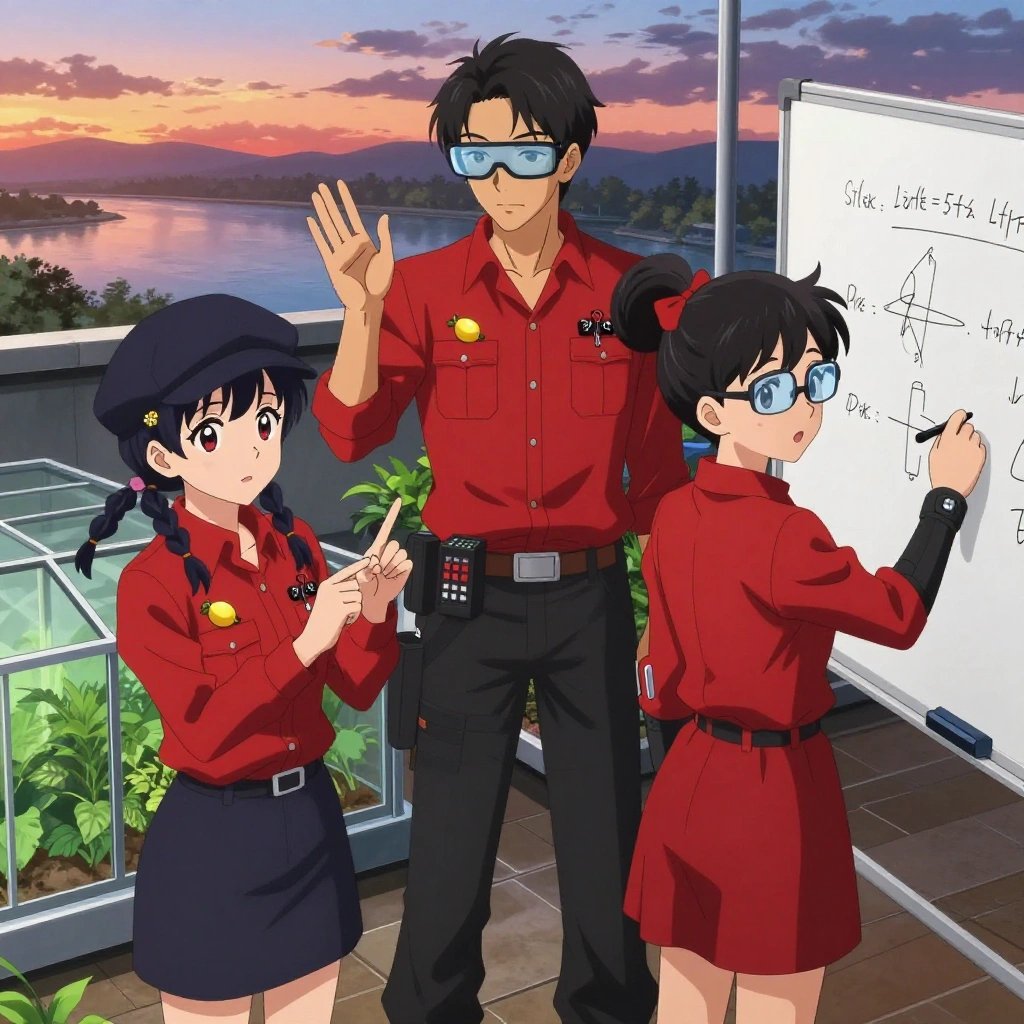 An anime scene showing 3 characters. 1. a female anime character with a petite build, soft features, no facial hair, hair in twin braids with small flower clips 2. a male anime character with a lean, wiry build, short wavy hair, clean-shaven, wearing a neatly buttoned utility shirt with a buttoned collar and chest pockets snapped shut, a utility belt with a small battery pack that connects to his eyeglasses, flat chest with no breasts 3. a female anime character with a small build, round face, no facial hair, hair in a high ponytail with a bow All characters wear bold red and black engineering team with a movie night aesthetic. Each character wears two small lapel pins — one showing a tiny yellow lemon with a small green leaf attached and one showing a tiny black binder clip with silver arms. Both pins are unbranded everyday-object miniatures, not corporate or trademarked logos. One character wears a newsboy cap. One character has elbow braces with integrated joint lights. Only one character gestures — the others focus on their tasks without gesturing or pointing. Characters speak to devices, check readings, touch their own fingertips together to transmit data, and wear AR glasses. No character touches a keyboard or looks at a screen. No character waves at the camera. No character faces the viewer directly. The team is teaching a literal greenhouse in a rooftop terrace at sunset overlooking a wide river. Exactly 3 characters in this scene — no more, no fewer. One reviews someone's work and gives specific, actionable feedback. One guides a student through a correction, offering encouragement. One writes key concepts on a whiteboard while explaining the reasoning. No male character wears a skirt, kilt, or apron over pants or formal shirts. Exactly 3 characters total. The image must contain precisely 3 characters.NO TEXT anywhere in this image — no speech bubbles, no word bubbles, no labels, no signs, no writing of any kind. Anime style, vibrant colors, clean composition, cinematic lighting.