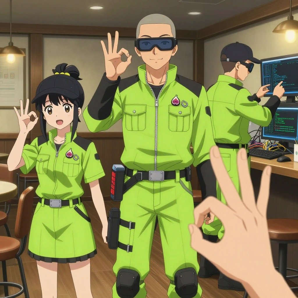 An anime scene showing 3 characters. 1. a female anime character with a small build, round face, no facial hair, hair in a high ponytail with a bow 2. a male anime character with a broad-shouldered build, short buzz-cut hair, clean-shaven, wearing a neatly buttoned work coverall with a full-length zipper and snapped chest pocket, a utility belt with a small battery pack that connects to his eyeglasses, flat chest with no breasts 3. a female anime character with a smaller build, cute face, no facial hair, long hair with a ribbon tied at the end All characters wear neon green and black scientific expedition team with a 2000s aesthetic. Each character wears two small lapel pins — one showing a tiny deep purple fig with a small green leaf on top and one showing a tiny silver safety pin closed into a loop. Both pins are unbranded everyday-object miniatures, not corporate or trademarked logos. One character wears a newsboy cap. One character has knee pads with built-in tool pouches. Character #3 making the OK sign — thumb and index finger form a circle, other fingers spread, clearly visible, hands large and clearly visible in the foreground. Only one character gestures — the others focus on their tasks without gesturing or pointing. Characters speak to devices, check readings, touch their own fingertips together to transmit data, and wear AR glasses. No character touches a keyboard or looks at a screen. No character waves at the camera. No character faces the viewer directly. The team is programming a literal tractor in a cozy coffee shop interior with warm light and wood tones. Exactly 3 characters in this scene — no more, no fewer. One writes and tests code, iterating based on what runs correctly. One boots up a cluster and monitors the training job's progress metrics. One troubleshoots a flaky network connection, checking configs and physical links. No male character wears a skirt, kilt, or apron over pants or formal shirts. Exactly 3 characters total. The image must contain precisely 3 characters.NO TEXT anywhere in this image — no speech bubbles, no word bubbles, no labels, no signs, no writing of any kind. Anime style, vibrant colors, clean composition, cinematic lighting.