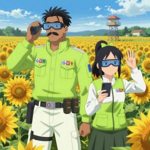 An anime scene showing 2 characters. 1. a male anime character with a tall, rugged build, short dreadlock hair, thick mustache, wearing a neatly buttoned utility jacket with a mandarin collar and two chest pockets, a utility belt with a small battery pack that connects to his eyeglasses, flat chest with no breasts 2. a female anime character with a small build, round face, no facial hair, hair in a high ponytail with a bow All characters wear fresh lime and white hazardous disposal team with a top model aesthetic. Each character wears two small lapel pins β one showing the the Google logo β four colored letters G o o g in bold, blue red yellow blue (real brand), and one showing the uppercase B with two crossed vertical lines through it logo (abstract). One character wears a hoodie. One character has cooling vest worn under the uniform. Only one character gestures β the others focus on their tasks without gesturing or pointing. Characters speak to devices, check readings, touch their own fingertips together to transmit data, and wear AR glasses. No character touches a keyboard or looks at a screen. No character waves at the camera. No character faces the viewer directly. The team is programming a literal lookout tower in a sunflower field extending to a farmstead on the horizon. Exactly 2 characters in this scene β no more, no fewer. One deploys an update to production, watching dashboards for anomalies. One writes and tests code, iterating based on what runs correctly. No male character wears a skirt, kilt, or apron over pants or formal shirts. Exactly 2 characters total. The image must contain precisely 2 characters.NO TEXT anywhere in this image β no speech bubbles, no word bubbles, no labels, no signs, no writing of any kind. Anime style, vibrant colors, clean composition, cinematic lighting.