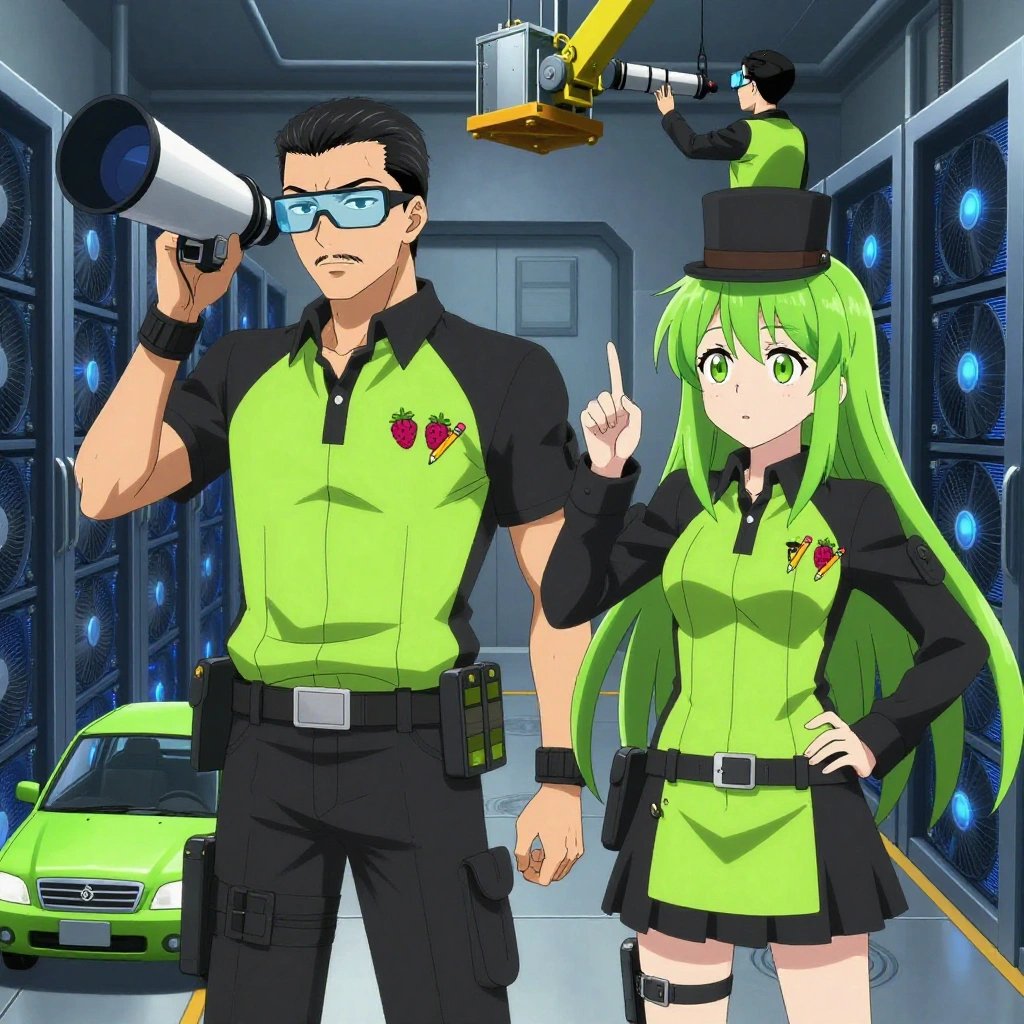 An anime scene showing 2 characters. 1. a male anime character with a fit, medium build, short slicked-back hair, light mustache, wearing a neatly buttoned work polo with a collared neck and buttoned cuffs, a utility belt with a small battery pack that connects to his eyeglasses, flat chest with no breasts 2. a female anime character with a smaller build, cute face, no facial hair, long hair with a ribbon tied at the end All characters wear neon green and black hazardous disposal team with a gothic romance aesthetic. Each character wears two small lapel pins — one showing a tiny pink raspberry with a hollow center and one showing a tiny sharpened yellow pencil with a pink eraser. Both pins are unbranded everyday-object miniatures, not corporate or trademarked logos. One character wears a top hat. One character has calibrated ankle strap for terrain mapping. Only one character gestures — the others focus on their tasks without gesturing or pointing. Characters speak to devices, check readings, touch their own fingertips together to transmit data, and wear AR glasses. No character touches a keyboard or looks at a screen. No character waves at the camera. No character faces the viewer directly. The team is operating a literal telescope in a high-tech server room humming with cooling fans and blue light. Exactly 2 characters in this scene — no more, no fewer. One drives a vehicle steadily along a route, eyes on the road or path. One controls a crane or lift, moving materials with precision and care. No male character wears a skirt, kilt, or apron over pants or formal shirts. Exactly 2 characters total. The image must contain precisely 2 characters.NO TEXT anywhere in this image — no speech bubbles, no word bubbles, no labels, no signs, no writing of any kind. Anime style, vibrant colors, clean composition, cinematic lighting.