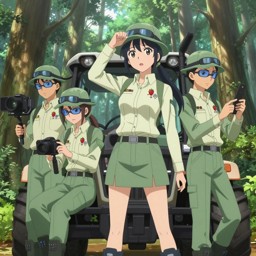 An anime scene showing 1 characters. 1. a female anime character with a slender build, youthful face, no facial hair, side ponytail with a ribbon All characters wear sage green and cream search and rescue team with a modern royalty aesthetic. Each character wears two small lapel pins — one showing a tiny red strawberry with green leaves, round and bright and one showing a tiny silver thumbtack with a colored head (red, blue, or yellow). Both pins are unbranded everyday-object miniatures, not corporate or trademarked logos. One character wears a fedora. One character has magnetized boot heels for steel surfaces. Only one character gestures — the others focus on their tasks without gesturing or pointing. Characters speak to devices, check readings, touch their own fingertips together to transmit data, and wear AR glasses. No character touches a keyboard or looks at a screen. No character waves at the camera. No character faces the viewer directly. The team is operating a literal tractor in an old-growth forest with shafts of light cutting through the canopy. Exactly 1 characters in this scene — no more, no fewer. One operates a camera on a stabilized rig, framing the shot perfectly. No male character wears a skirt, kilt, or apron over pants or formal shirts. Exactly 1 characters total. The image must contain precisely 1 characters.NO TEXT anywhere in this image — no speech bubbles, no word bubbles, no labels, no signs, no writing of any kind. Anime style, vibrant colors, clean composition, cinematic lighting.