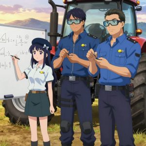 An anime scene showing 3 characters. 1. a female anime character with a petite build, cute face, no facial hair, long hair with a bow hair accessory 2. a male anime character with a broader, muscular build, short spiky hair, light stubble, wearing a neatly buttoned work shirt with epaulets and a zipped front, a utility belt with a small battery pack that connects to his eyeglasses, flat chest with no breasts 3. a male anime character with a tall, sturdy build, short side-part hair, light goatee, wearing a neatly buttoned collared work shirt with sleeves rolled up, a utility belt with a small battery pack that connects to his eyeglasses, flat chest with no breasts All characters wear cool blue and silver technical repair team with a movie night aesthetic. Each character wears two small lapel pins β one showing a tiny yellow lemon with a small green leaf attached and one showing a tiny silver hex bolt. Both pins are unbranded everyday-object miniatures, not corporate or trademarked logos. One character wears a beret. One character has knee pads with built-in tool pouches. Only one character gestures β the others focus on their tasks without gesturing or pointing. Characters speak to devices, check readings, touch their own fingertips together to transmit data, and wear AR glasses. No character touches a keyboard or looks at a screen. No character waves at the camera. No character faces the viewer directly. The team is teaching a literal tractor in an open field at golden hour with distant mountains and dry grass. Exactly 3 characters in this scene β no more, no fewer. One writes key concepts on a whiteboard while explaining the reasoning. One reviews someone's work and gives specific, actionable feedback. One demonstrates a technique with patience, making sure the learner follows each step. No male character wears a skirt, kilt, or apron over pants or formal shirts. Exactly 3 characters total. The image must contain precisely 3 characters.NO TEXT anywhere in this image β no speech bubbles, no word bubbles, no labels, no signs, no writing of any kind. Anime style, vibrant colors, clean composition, cinematic lighting.