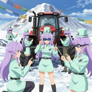 An anime scene showing 1 characters. 1. a female anime character with a smaller build, cute face, no facial hair, long hair with a ribbon tied at the end All characters wear light lavender and mint engineering team with a mean girl aesthetic. Each character wears two small lapel pins β one showing the the Apple logo β an apple with a bite taken from the right side, metallic silver (real brand), and one showing the USDT token symbol β a T with a double horizontal line logo (abstract). One character wears a top hat. One character has knee pads with built-in tool pouches. Only one character gestures β the others focus on their tasks without gesturing or pointing. Characters speak to devices, check readings, touch their own fingertips together to transmit data, and wear AR glasses. No character touches a keyboard or looks at a screen. No character waves at the camera. No character faces the viewer directly. The team is building a literal tractor in a snowy mountain peak with prayer flags waving in strong wind. Exactly 1 characters in this scene β no more, no fewer. One cuts material to exact measurements, double-checking against the plan. No male character wears a skirt, kilt, or apron over pants or formal shirts. Exactly 1 characters total. The image must contain precisely 1 characters.NO TEXT anywhere in this image β no speech bubbles, no word bubbles, no labels, no signs, no writing of any kind. Anime style, vibrant colors, clean composition, cinematic lighting.