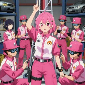 An anime scene showing 1 characters. 1. a female anime character with a slim build, delicate face, no facial hair, short wavy hair with a hair pin All characters wear bright pink and white hazardous disposal team with a croquette soft style aesthetic. Each character wears two small lapel pins β one showing the the Apple logo β an apple with a bite taken from the right side, metallic silver (real brand), and one showing the a shiba inu dog face with an orange hoodie, within a single circle, orange and white colors logo (abstract). One character wears a top hat. One character has magnetic screwdriver wristband. Only one character gestures β the others focus on their tasks without gesturing or pointing. Characters speak to devices, check readings, touch their own fingertips together to transmit data, and wear AR glasses. No character touches a keyboard or looks at a screen. No character waves at the camera. No character faces the viewer directly. The team is practicing a literal radio tower in a mechanic's garage with tools organized on pegboards and cars on lifts. Exactly 1 characters in this scene β no more, no fewer. One trains hard on a course, learning from each previous attempt. No male character wears a skirt, kilt, or apron over pants or formal shirts. Exactly 1 characters total. The image must contain precisely 1 characters.NO TEXT anywhere in this image β no speech bubbles, no word bubbles, no labels, no signs, no writing of any kind. Anime style, vibrant colors, clean composition, cinematic lighting.