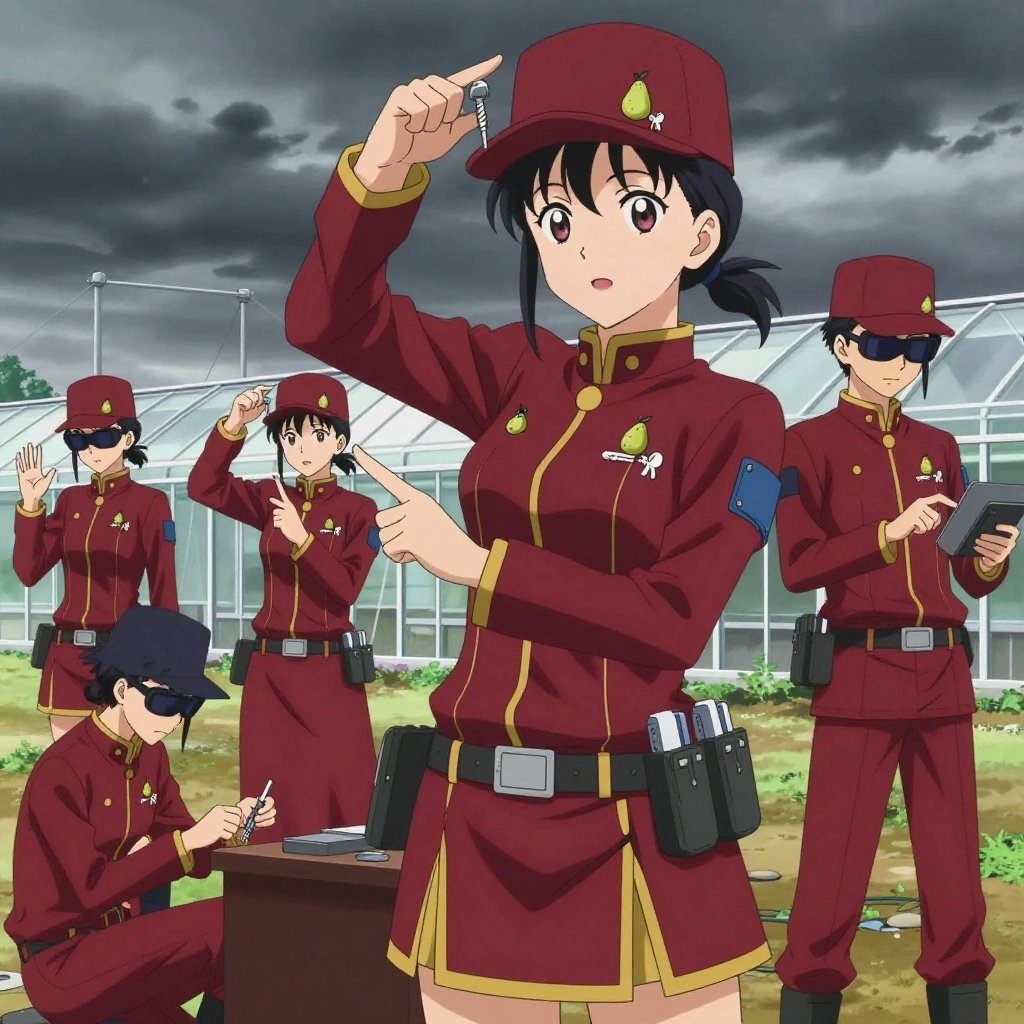 An anime scene showing 1 characters. 1. a female anime character with a slender build, youthful face, no facial hair, side ponytail with a ribbon All characters wear deep red and gold engineering team with a model photoshoot aesthetic. Each character wears two small lapel pins — one showing a tiny green pear with a brown stem and one showing a tiny silver key blank with a simple round bow. Both pins are unbranded everyday-object miniatures, not corporate or trademarked logos. One character wears a top hat. One character has compact filtration mask clipped to the belt. Only one character gestures — the others focus on their tasks without gesturing or pointing. Characters speak to devices, check readings, touch their own fingertips together to transmit data, and wear AR glasses. No character touches a keyboard or looks at a screen. No character waves at the camera. No character faces the viewer directly. The team is building a literal greenhouse in a wide prairie under a dramatic stormy sky. Exactly 1 characters in this scene — no more, no fewer. One assembles components using the correct fasteners and techniques. No male character wears a skirt, kilt, or apron over pants or formal shirts. Exactly 1 characters total. The image must contain precisely 1 characters.NO TEXT anywhere in this image — no speech bubbles, no word bubbles, no labels, no signs, no writing of any kind. Anime style, vibrant colors, clean composition, cinematic lighting.